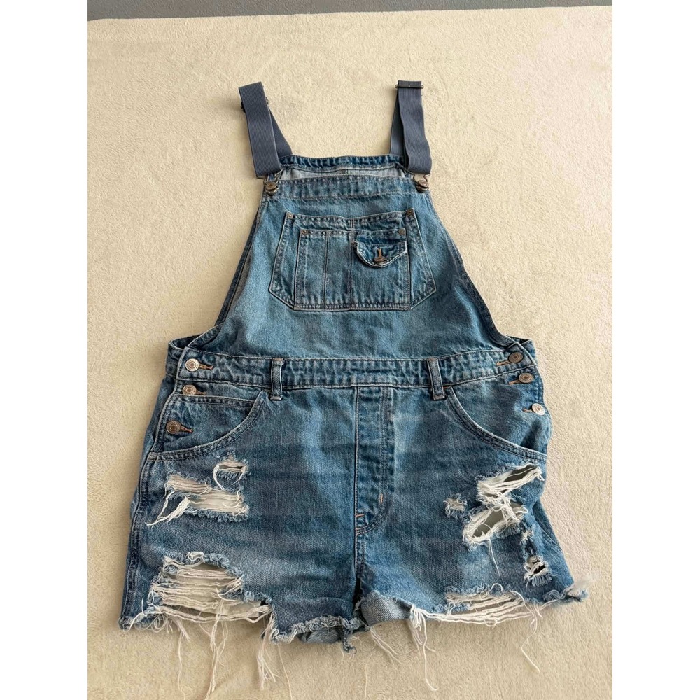 American Eagle Women L Blue 90s Boyfriend Shortall Distressed Denim Overalls